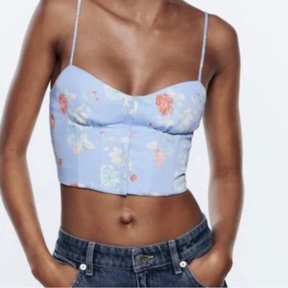Zara Light Blue Floral Bustier Top - Women